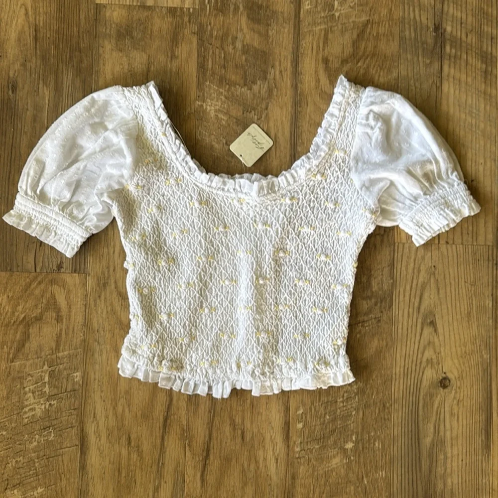 NWT Free People Cecilia Puffy Sleeve Smocked Embroidered Rosette Top Size XS